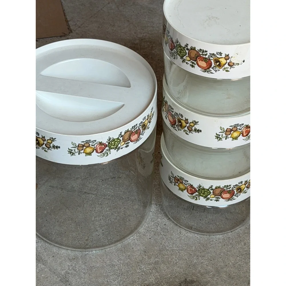 Vintage Pyrex Spice of Life Glass Canister Set 4 Piece White Lids Vegetable Herb